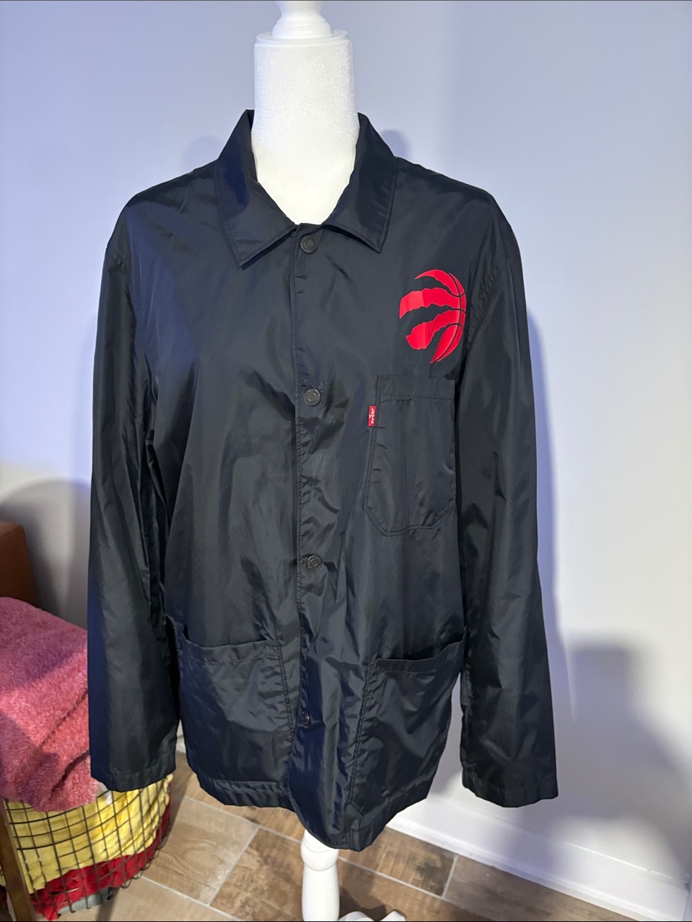 Signature by Levi Strauss Black Coach Jacket with Red Chest Graphic